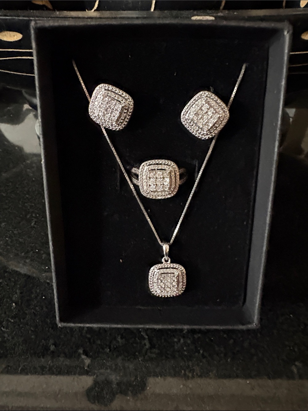 Kay Jewelers Silver Crystal Square Pendant Necklace and Stud Earrings Set
